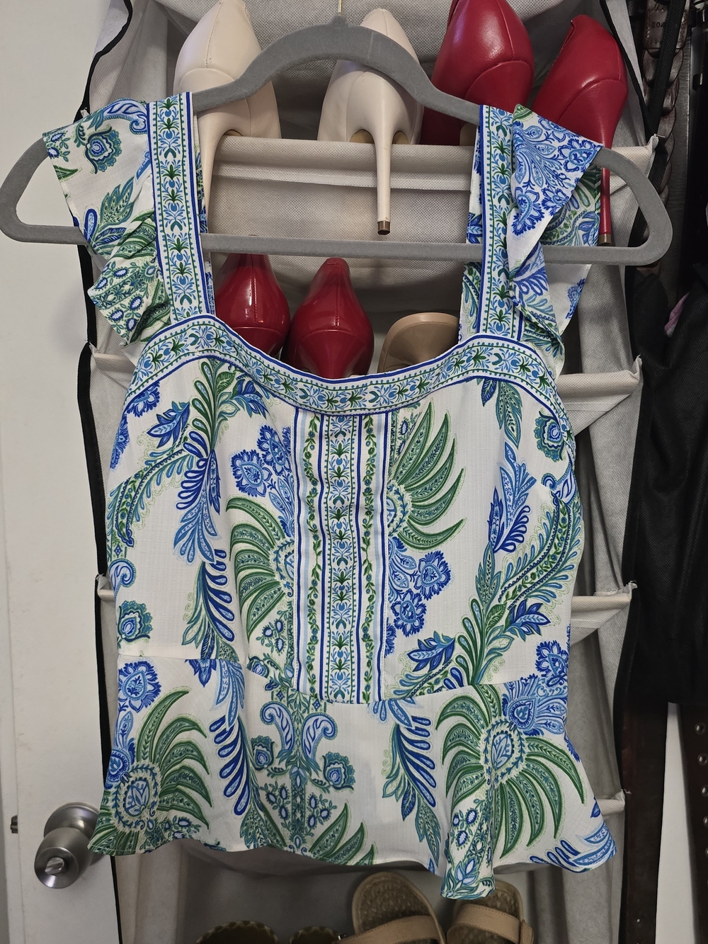 BCX White Blue Green Floral Ruffle Top